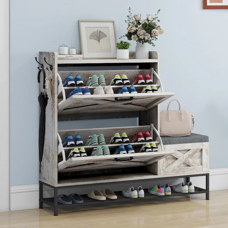 Farmhouse Shoe Storage Cabinet with 2 Flip Drawers and Bench for Entryway