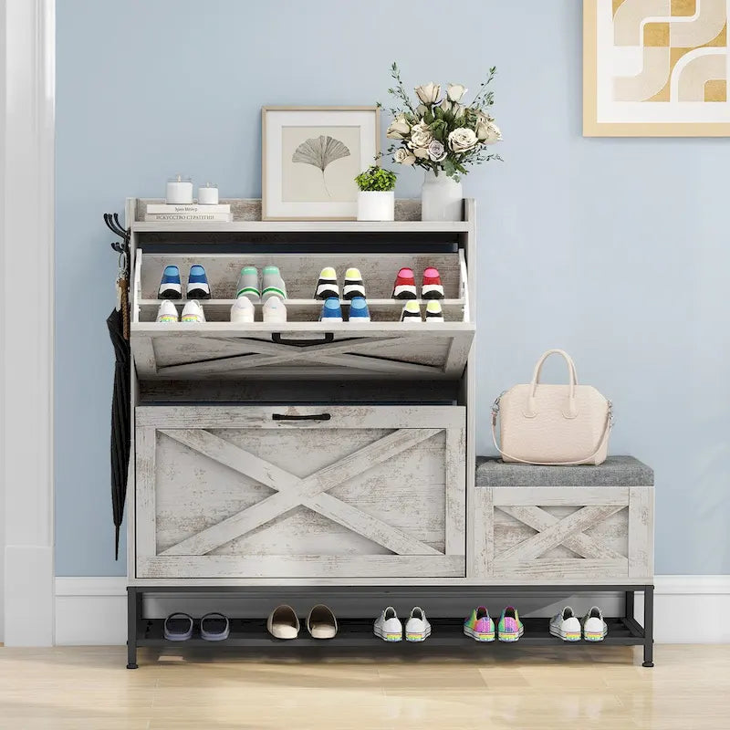 Farmhouse Shoe Storage Cabinet with 2 Flip Drawers and Bench for Entryway