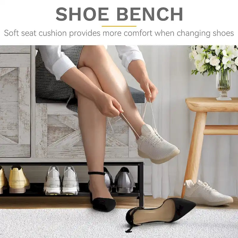 Farmhouse Shoe Storage Cabinet with 2 Flip Drawers and Bench for Entryway