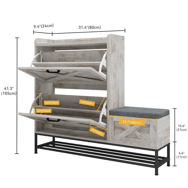 Farmhouse Shoe Storage Cabinet with 2 Flip Drawers and Bench for Entryway