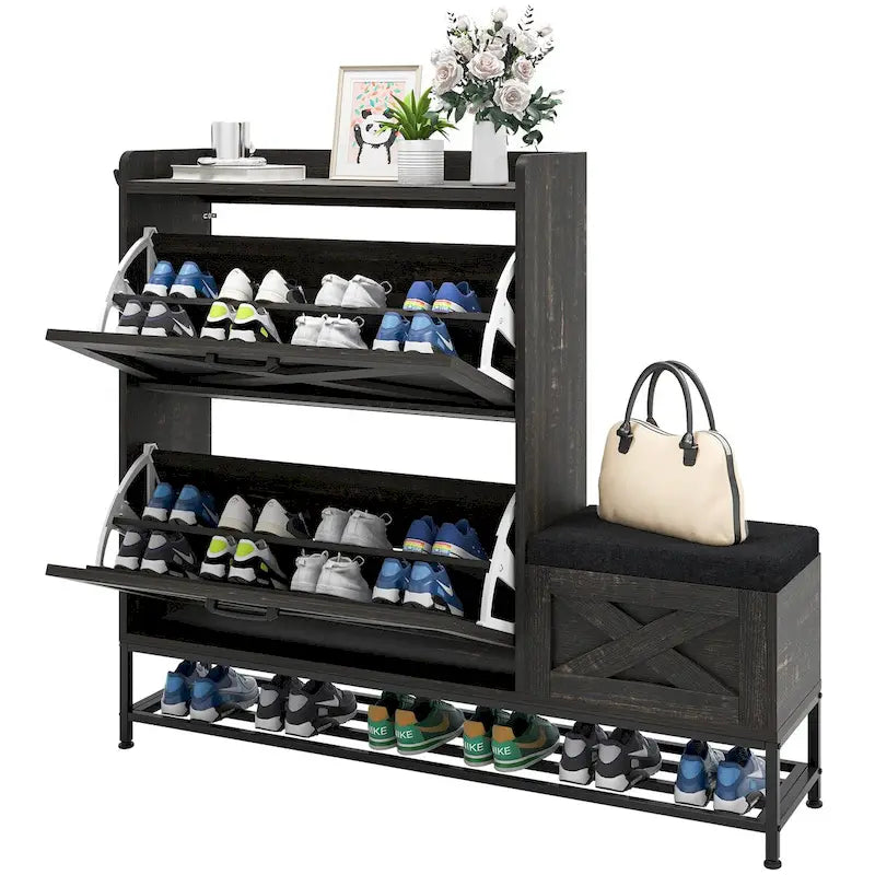 Farmhouse Shoe Storage Cabinet with 2 Flip Drawers and Bench for Entryway