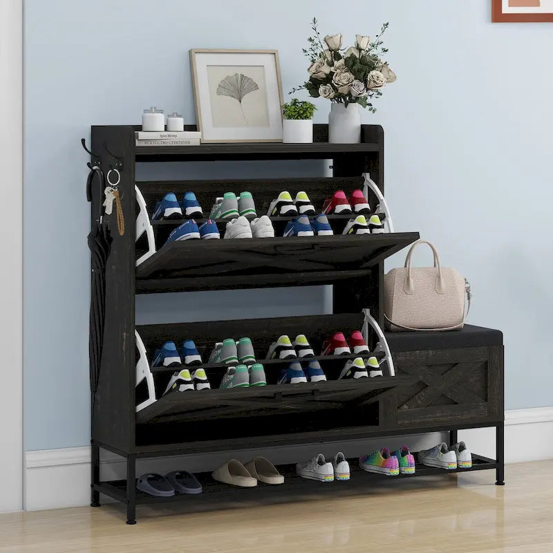 Farmhouse Shoe Storage Cabinet with 2 Flip Drawers and Bench for Entryway