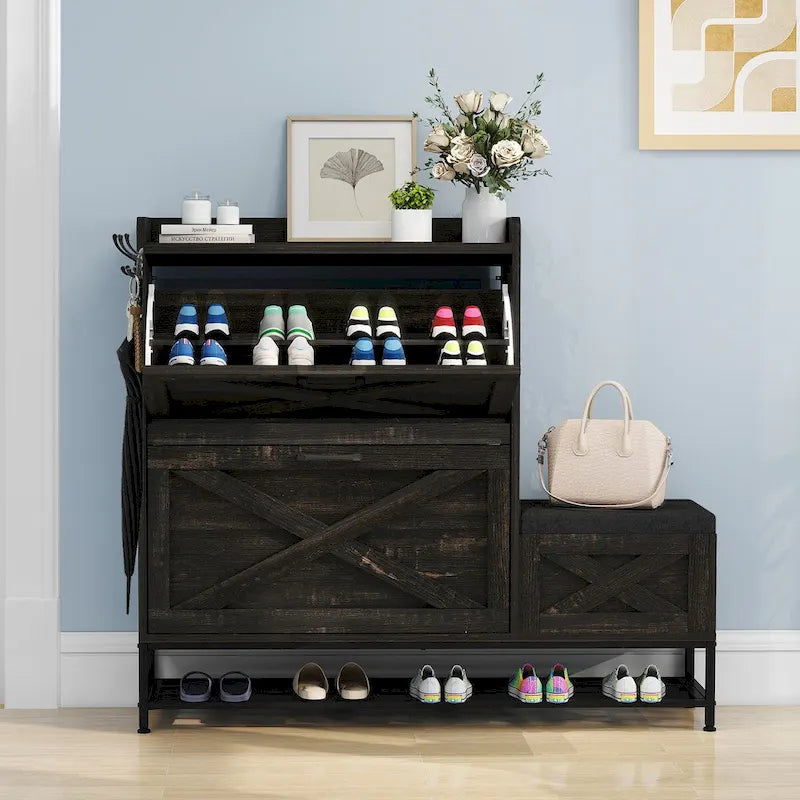 Farmhouse Shoe Storage Cabinet with 2 Flip Drawers and Bench for Entryway