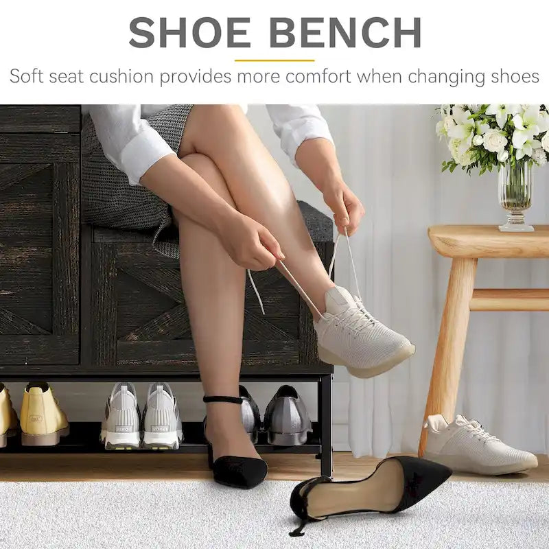Farmhouse Shoe Storage Cabinet with 2 Flip Drawers and Bench for Entryway