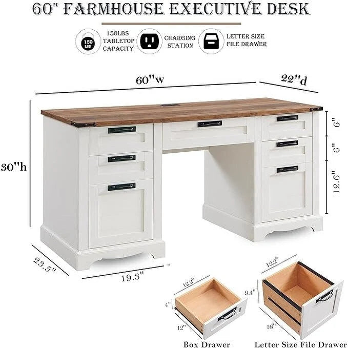 60 Zoll großer Chefschreibtisch im Landhausstil, Holzschreibtisch fürs Homeoffice, Computerschreibtisch