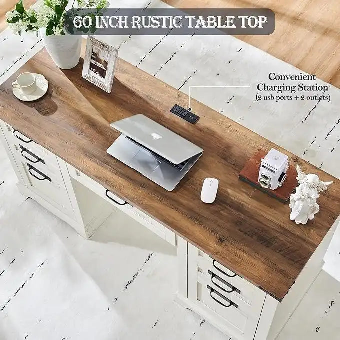 60 Zoll großer Chefschreibtisch im Landhausstil, Holzschreibtisch fürs Homeoffice, Computerschreibtisch