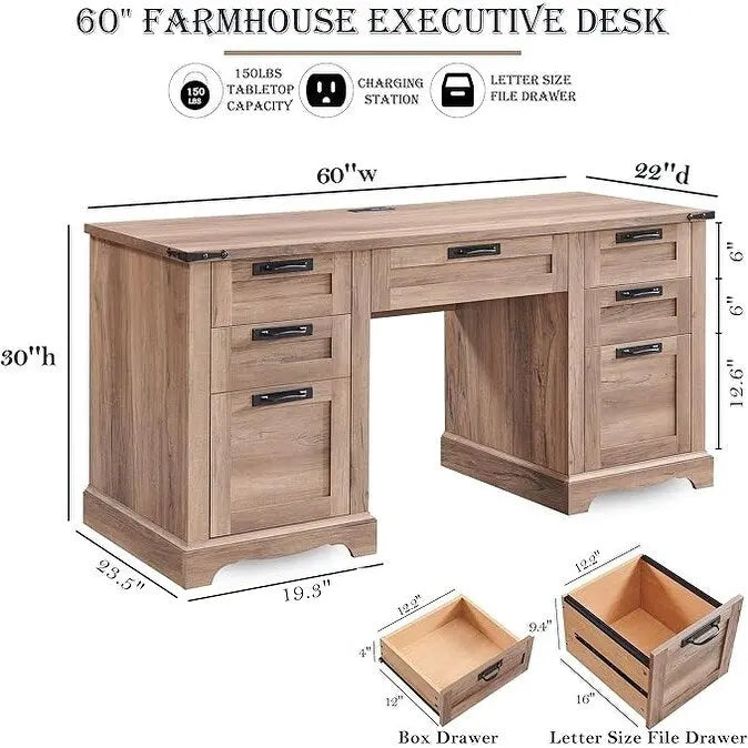 Boerderijstijl directiebureau van 60 inch, houten thuiskantoorbureau, computerbureau
