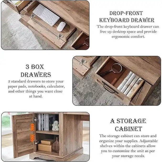 Boerderijstijl directiebureau van 60 inch, houten thuiskantoorbureau, computerbureau