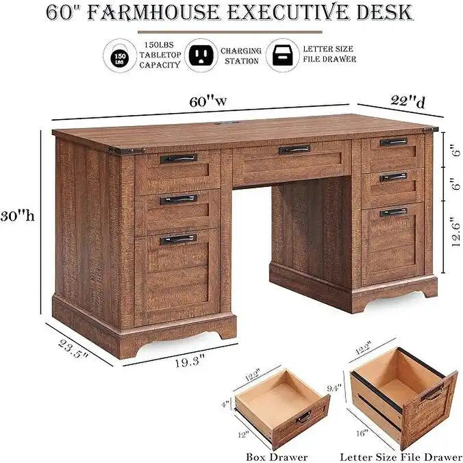Boerderijstijl directiebureau van 60 inch, houten thuiskantoorbureau, computerbureau
