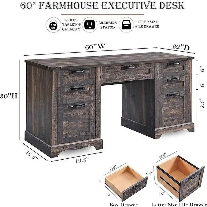 Boerderijstijl directiebureau van 60 inch, houten thuiskantoorbureau, computerbureau