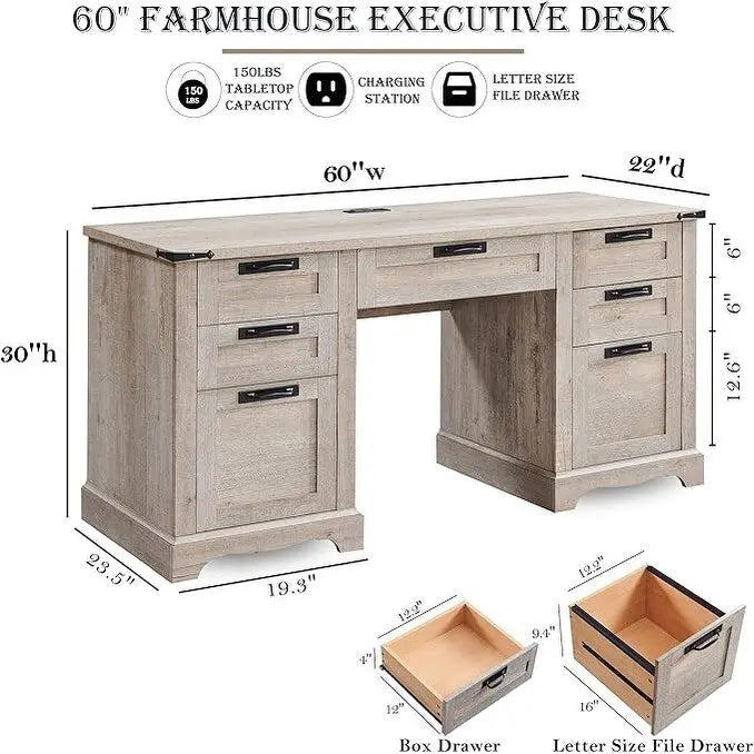 Boerderijstijl directiebureau van 60 inch, houten thuiskantoorbureau, computerbureau