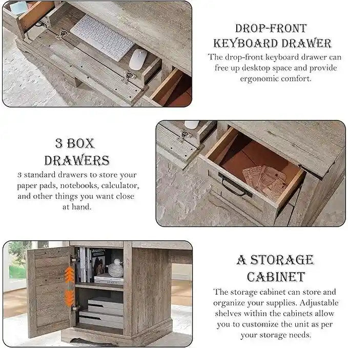 Boerderijstijl directiebureau van 60 inch, houten thuiskantoorbureau, computerbureau